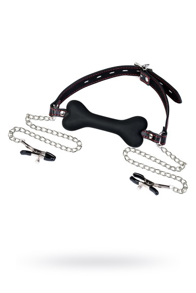 Кляп-трензель TOYFA Theatre, в виде косточки с зажимами для сосков,чёрный