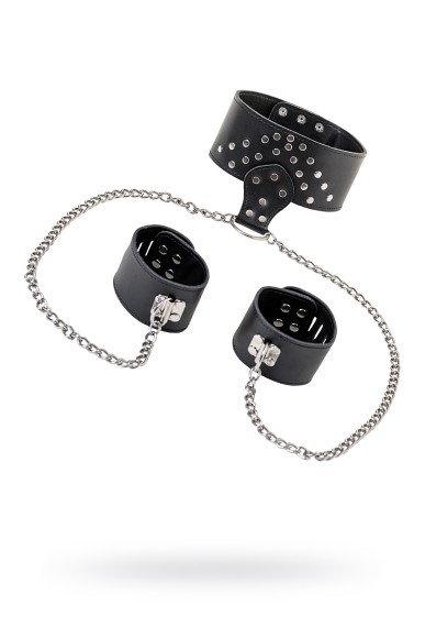 Комплект TOYFA Theatre, ошейник с наручниками, кожанный, чёрный